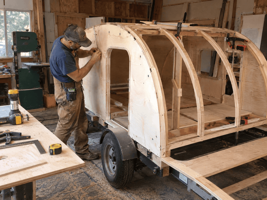 Menuisier assemblant la structure bois d'une mini caravane