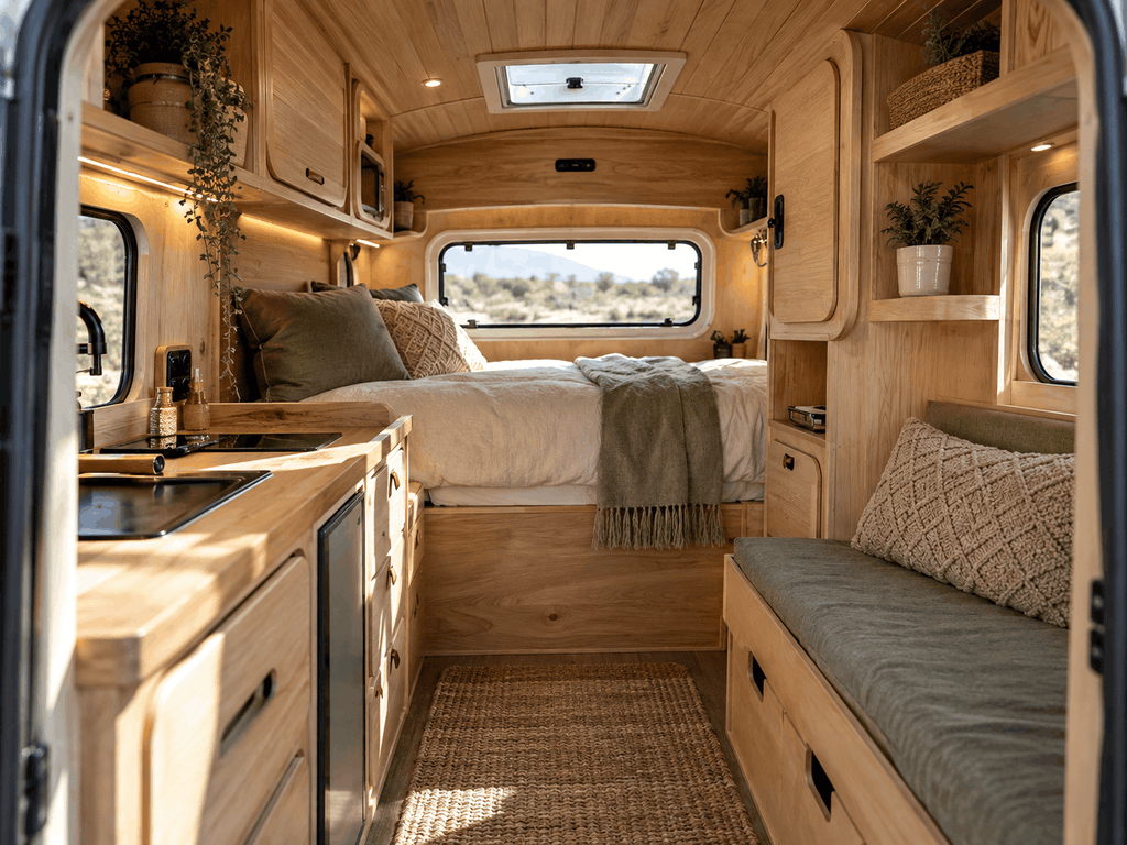 Intérieur d'une mini-caravane aménagé par nos menuisiers